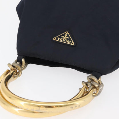 Prada PRADA Metal Handle Hand Bag Nylon Navy Gold Authentic 178739