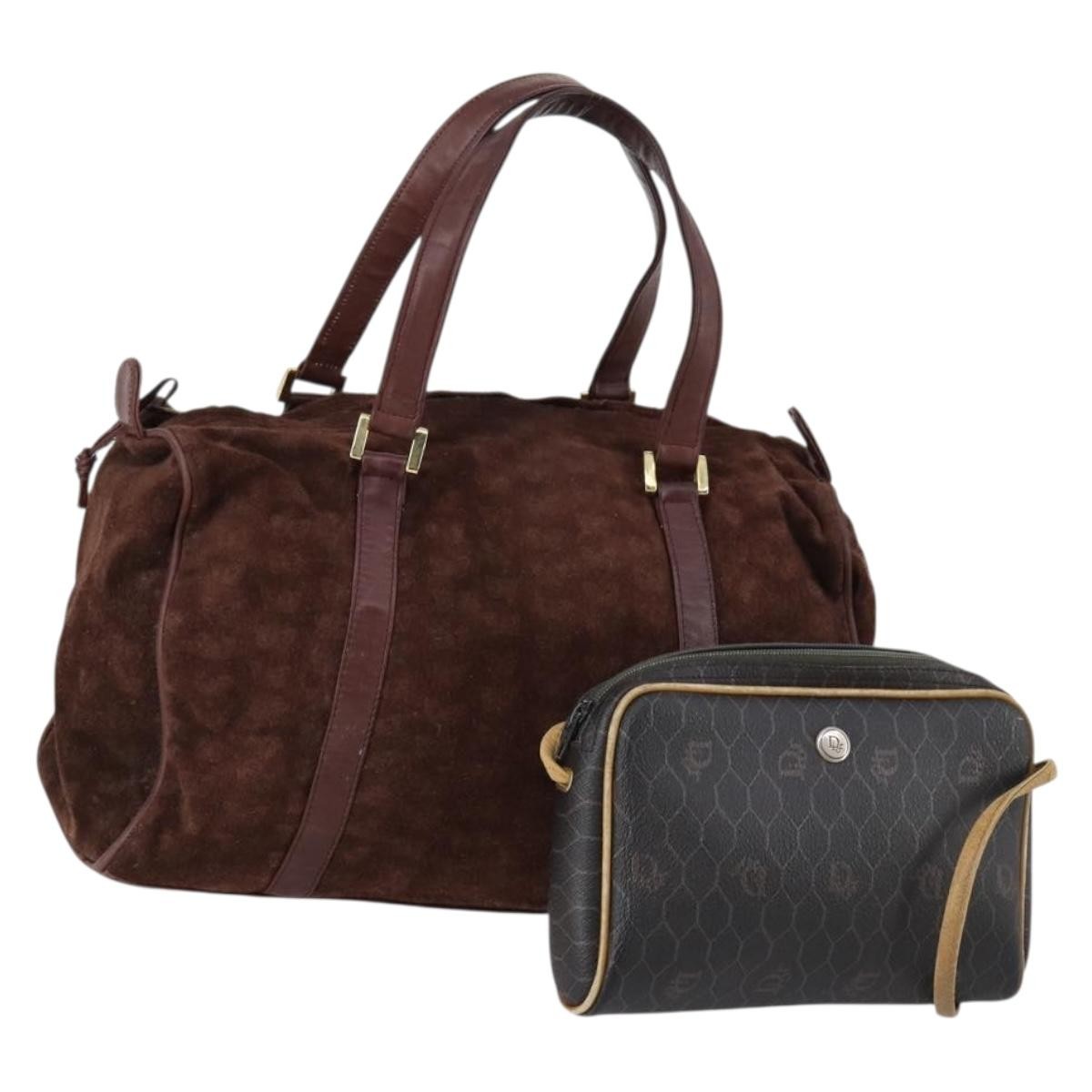 Dior Christian Dior BOTTEGA VENETA Hand Bag Suede PVC 2 Set Brown Gold Authentic bs30859