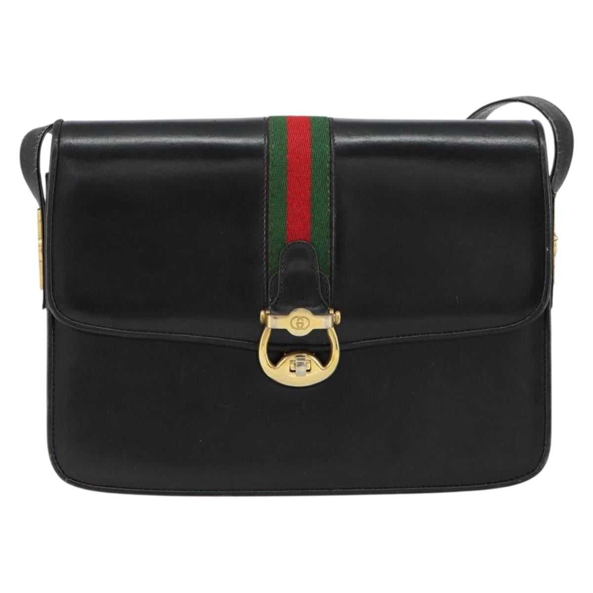 Gucci GUCCI Web Sherry Line Shoulder Bag Leather Black Gold Authentic SW1764