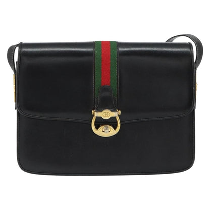 Gucci GUCCI Web Sherry Line Shoulder Bag Leather Black Gold Authentic SW1764
