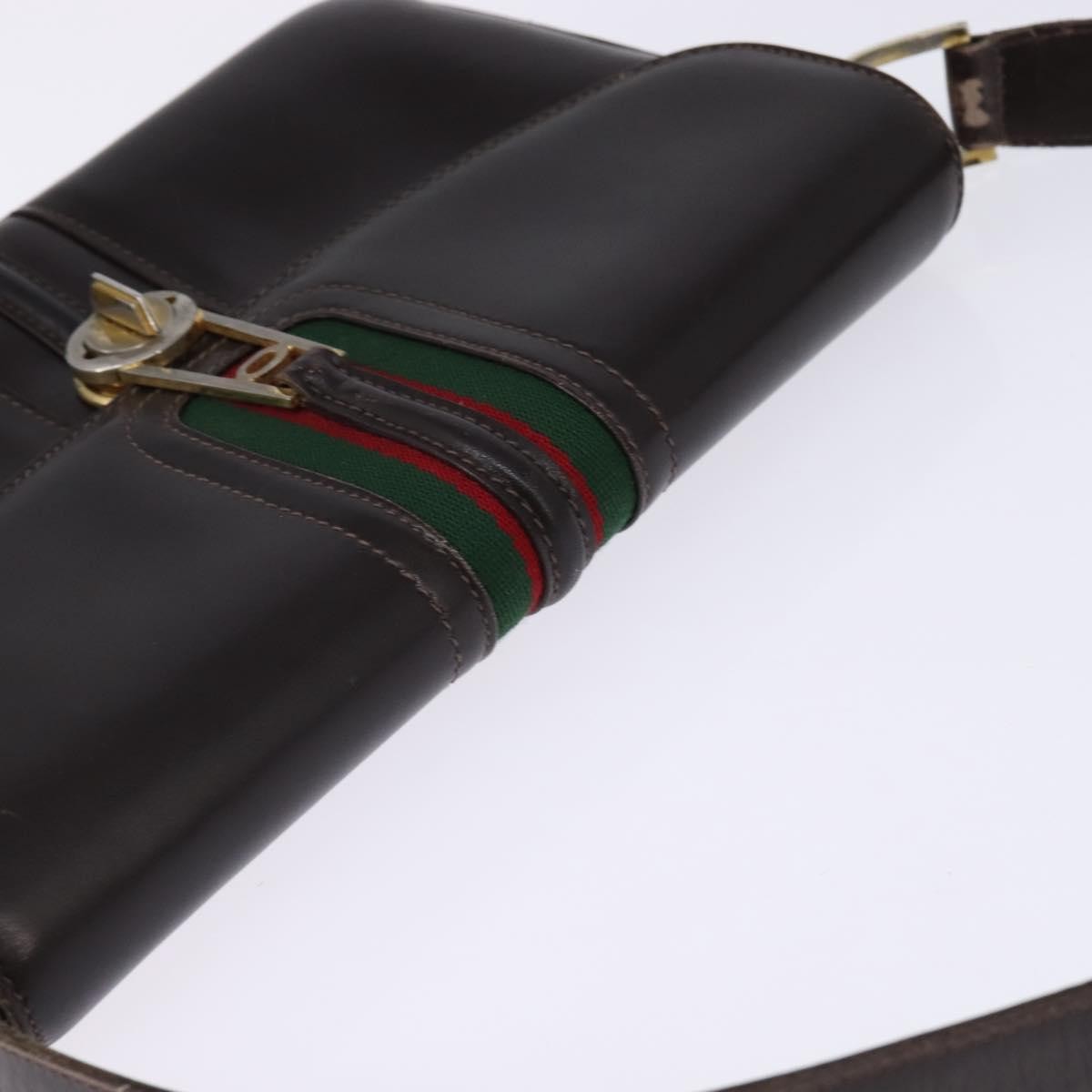 Gucci GUCCI Web Sherry Line Shoulder Bag Leather Dark Brown Gold Red Authentic ep11429