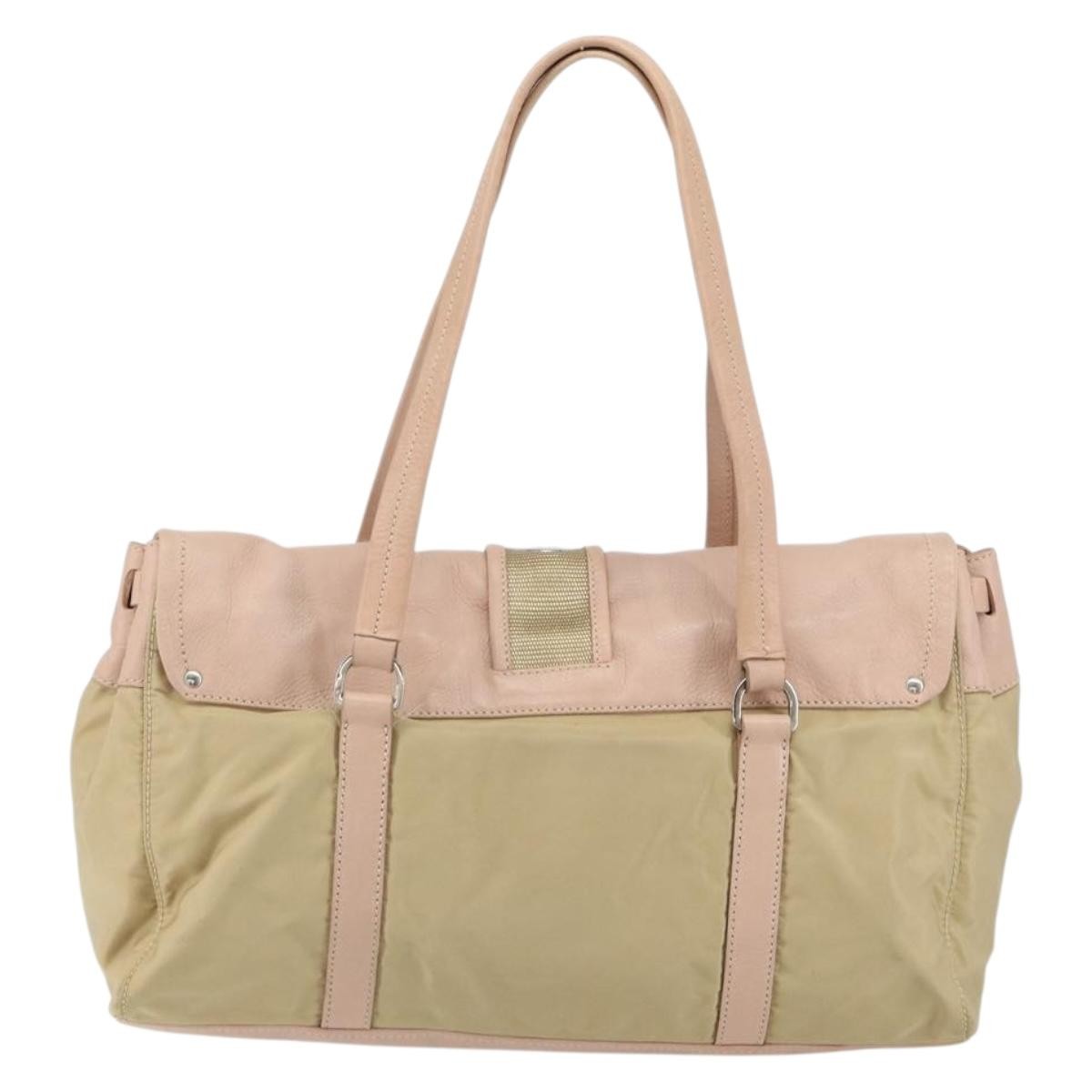 Prada PRADA Tote Bag Nylon Leather Beige Silver Authentic ep12684