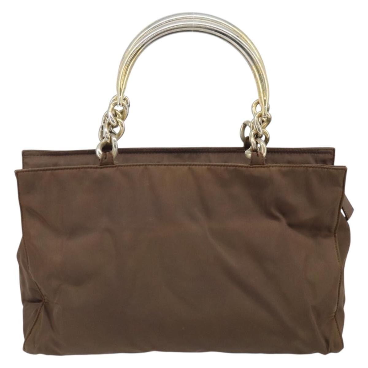Prada PRADA Chain Hand Bag Nylon Brown Gold Authentic YKZ136