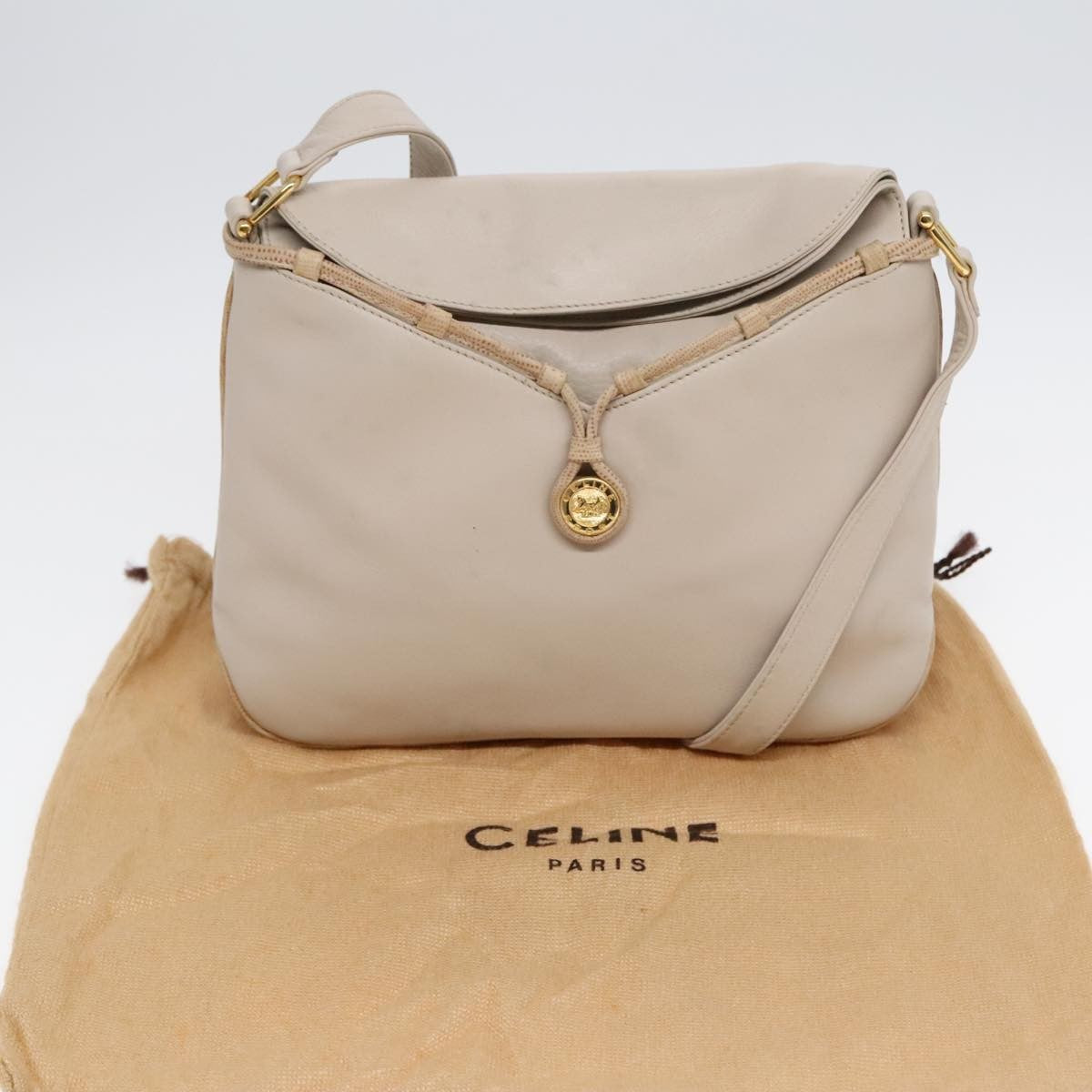 Celine CELINE Horse Carriage Shoulder Bag Leather Beige Gold Authentic 90216