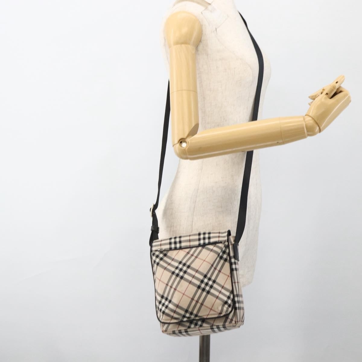 Burberry BURBERRY Nova Check Blue Label Shoulder Bag Nylon Beige Silver Authentic 173694