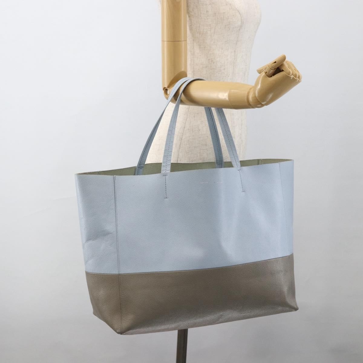 Celine CELINE Horizontalkava Tote Bag Leather Light Blue Silver Authentic BA10939