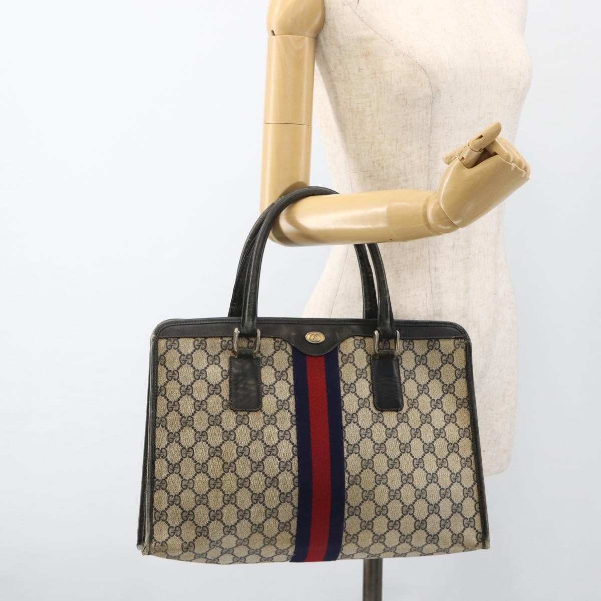 Gucci GUCCI GG Supreme Sherry Line Hand Bag PVC Navy Gold 010 378 Authentic BAZ548
