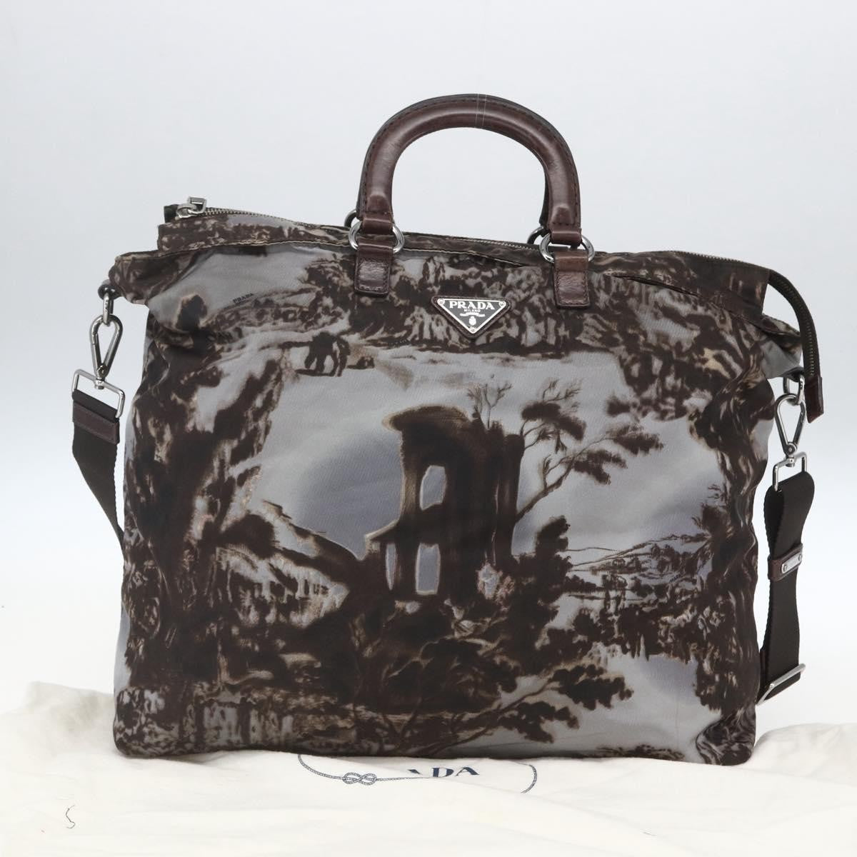 Prada PRADA Hand Bag Nylon 2way Brown Silver Authentic 163076