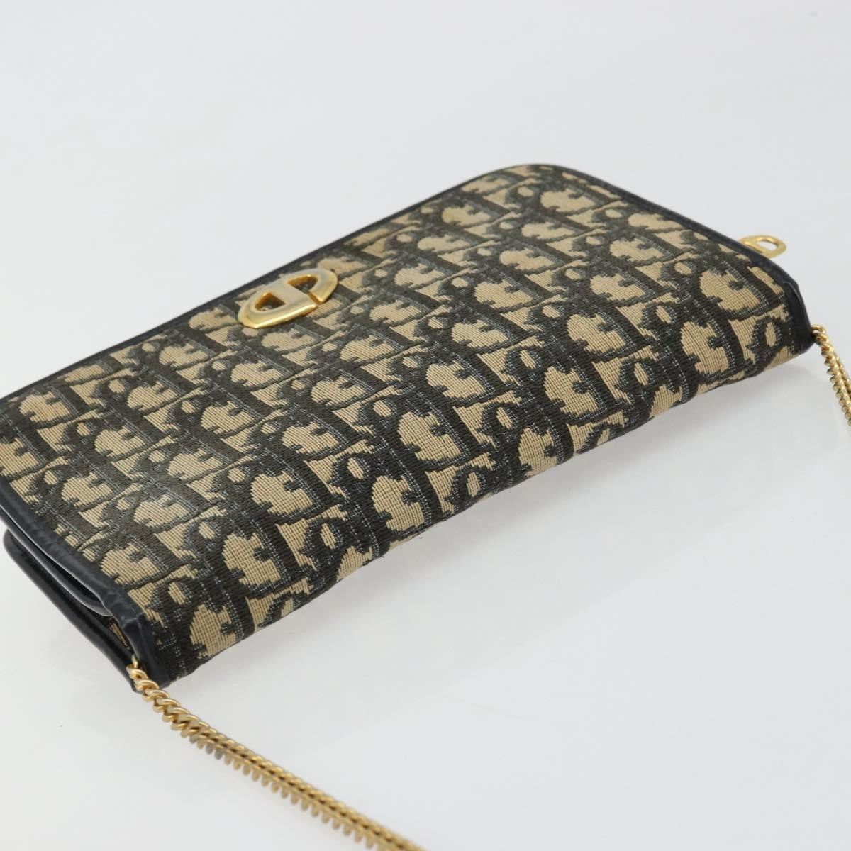 Dior Christian Dior Trotter Canvas Chain Shoulder Bag Navy Gold Authentic fm5340