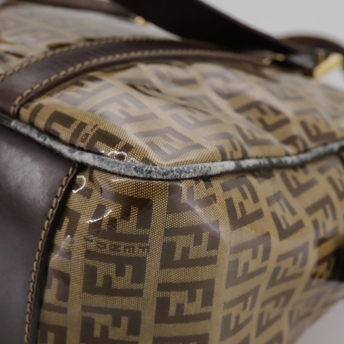 Fendi FENDI Zucchino Canvas Hand Bag Brown Gold Authentic bs21516