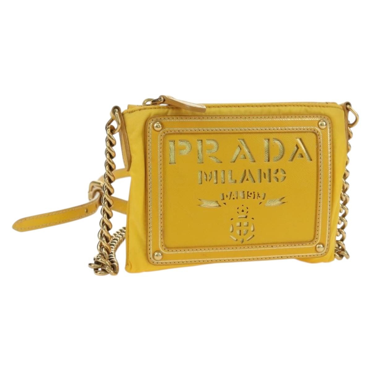 Prada PRADA Chain Shoulder Bag Nylon Leather Yellow Gold Authentic 143507