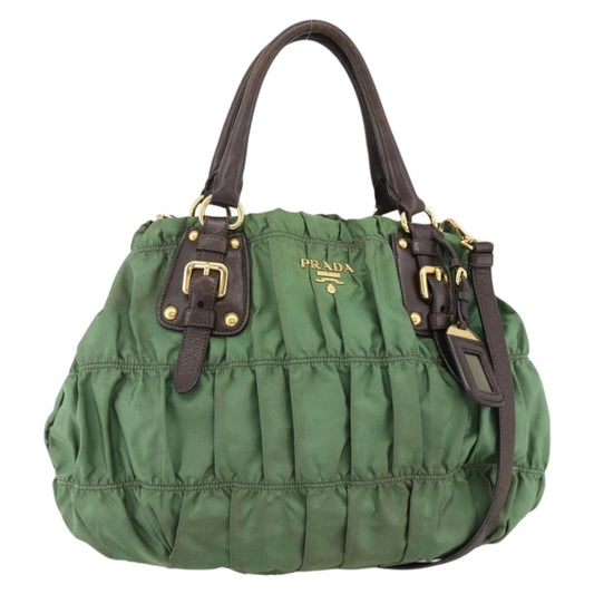 Prada PRADA Hand Bag Nylon 2way Green Gold Authentic YKZ1101