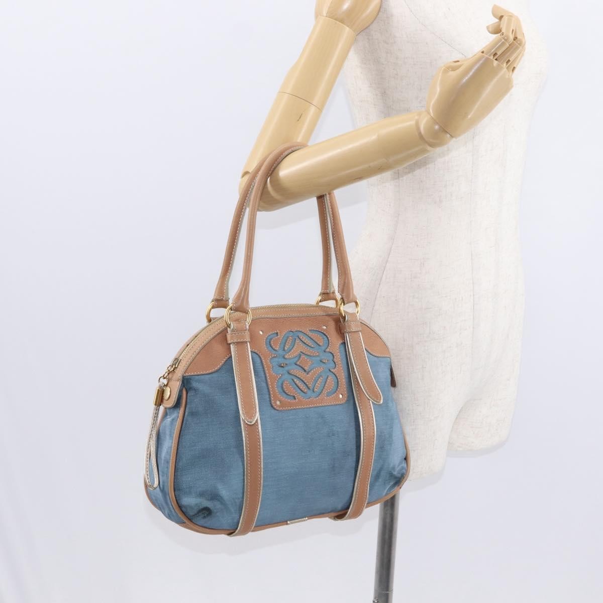 Loewe LOEWE Anagram Hand Bag Nylon Blue Gold Authentic bs31204