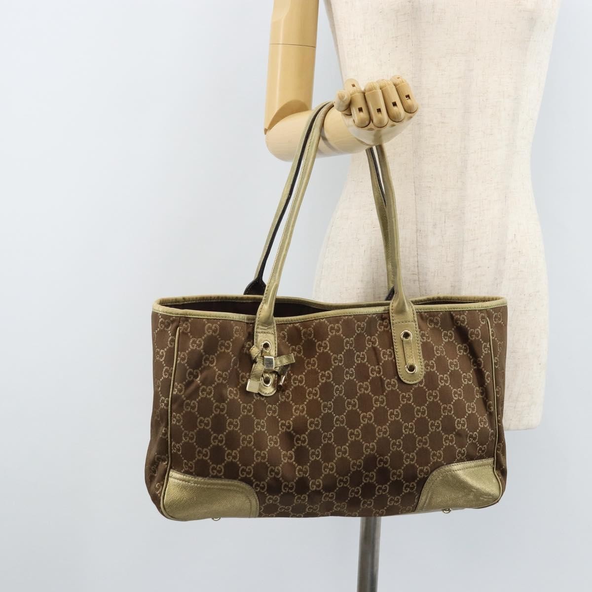 Gucci GUCCI GG Canvas Tote Bag Brown Gold 163805 Authentic LNZ740