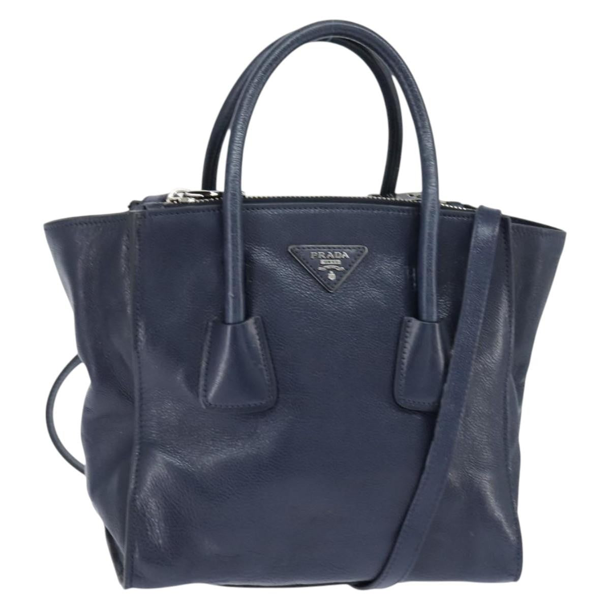 Prada PRADA Hand Bag Leather 2way Navy Gold Authentic BA7315