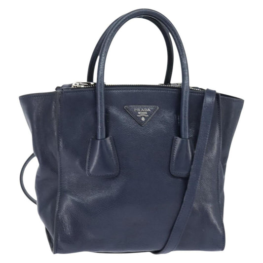 Prada PRADA Hand Bag Leather 2way Navy Gold Authentic BA7315
