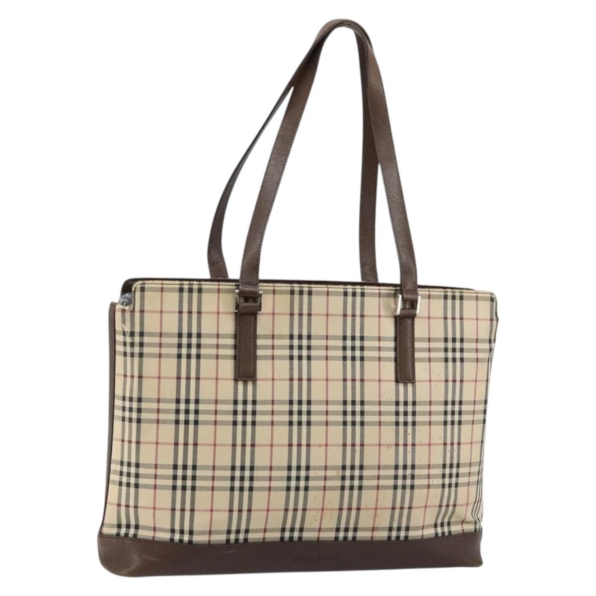 Burberry BURBERRY Nova Check Tote Bag Canvas Leather Beige Silver Authentic 144429
