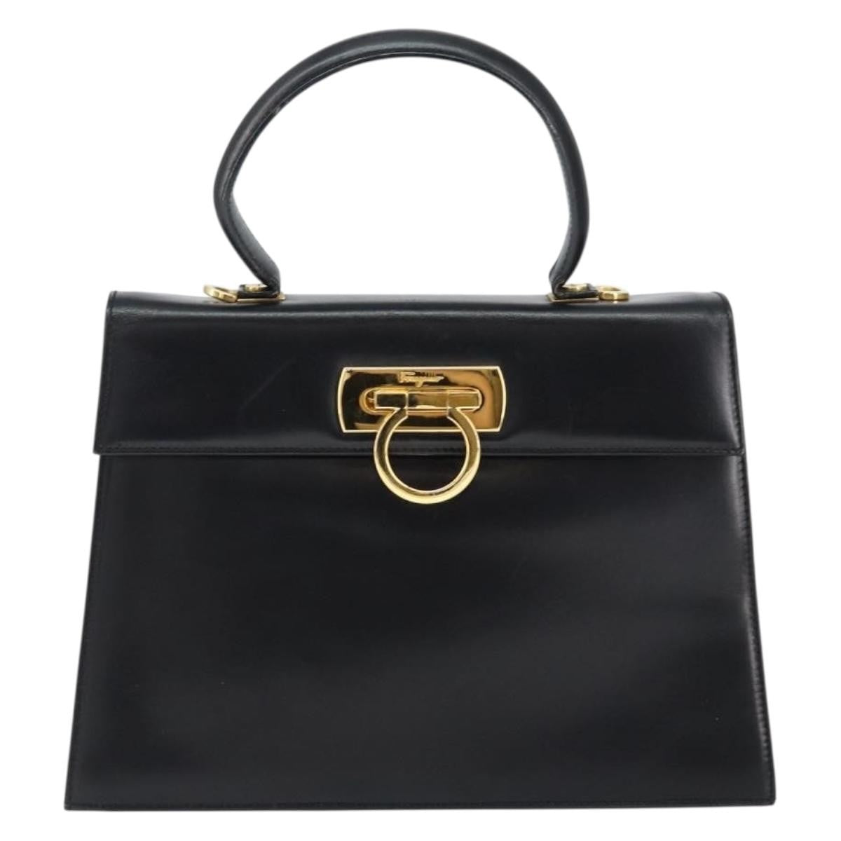 Salvatore Ferragamo Salvatore Ferragamo Gancini Hand Bag Leather Black Gold Authentic 149087