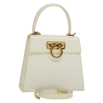 Salvatore Ferragamo Salvatore Ferragamo Gancini Hand Bag Leather 2way White Gold Authentic 134575