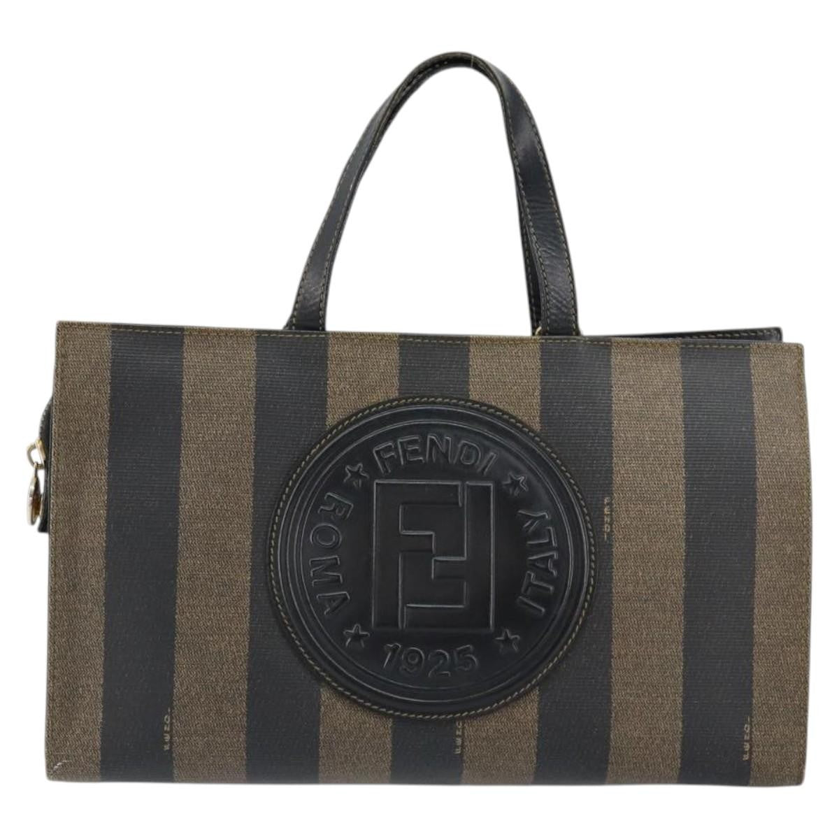 Fendi FENDI Pecan Canvas Hand Bag PVC Black Brown gold Authentic 150002