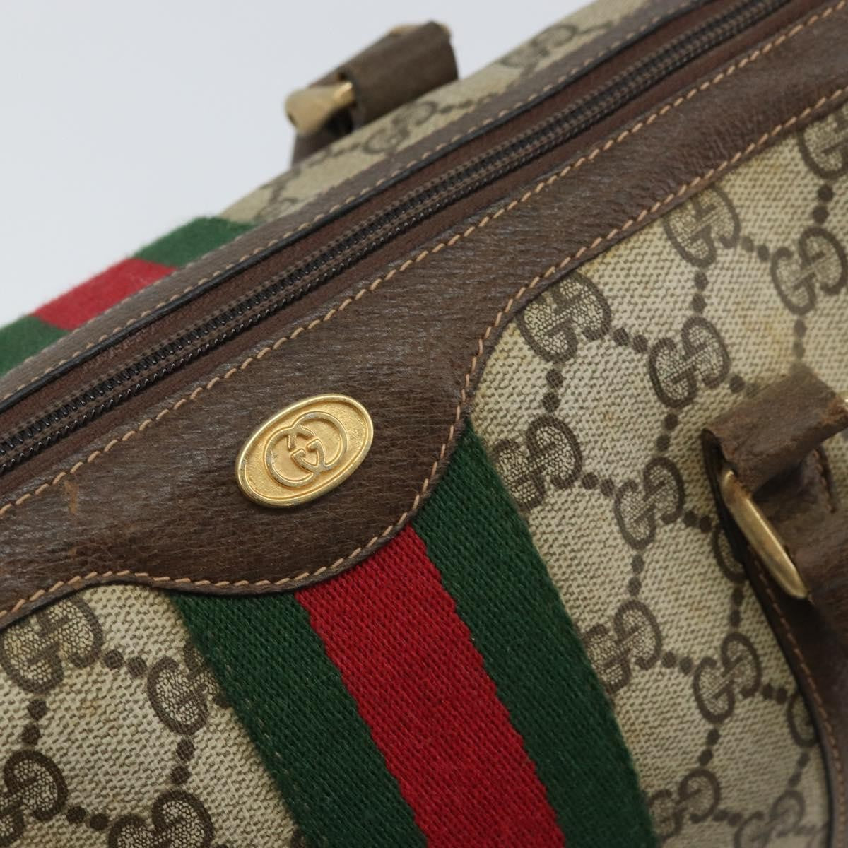 Gucci GUCCI GG Supreme Web Sherry Line Boston Bag PVC Beige Gold 010 378 Authentic 159328