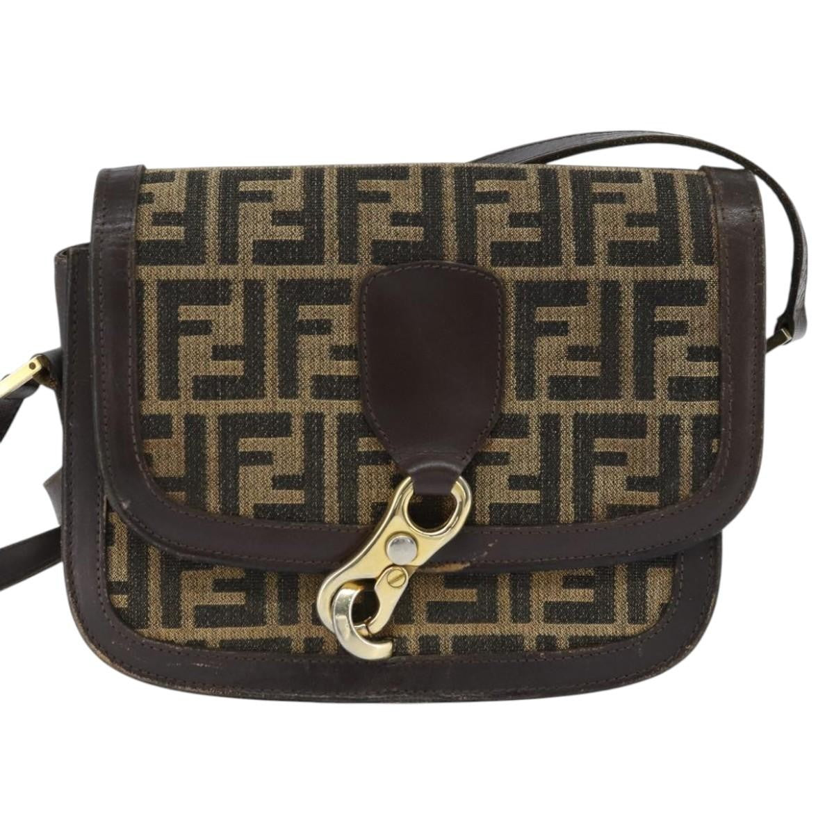 Fendi FENDI Zucca Canvas Shoulder Bag Black Brown Authentic 150285