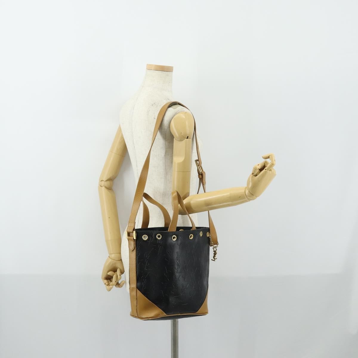Saint Laurent SAINT LAURENT Hand Bag Leather PVC 2way Black Brown gold Authentic bs31752