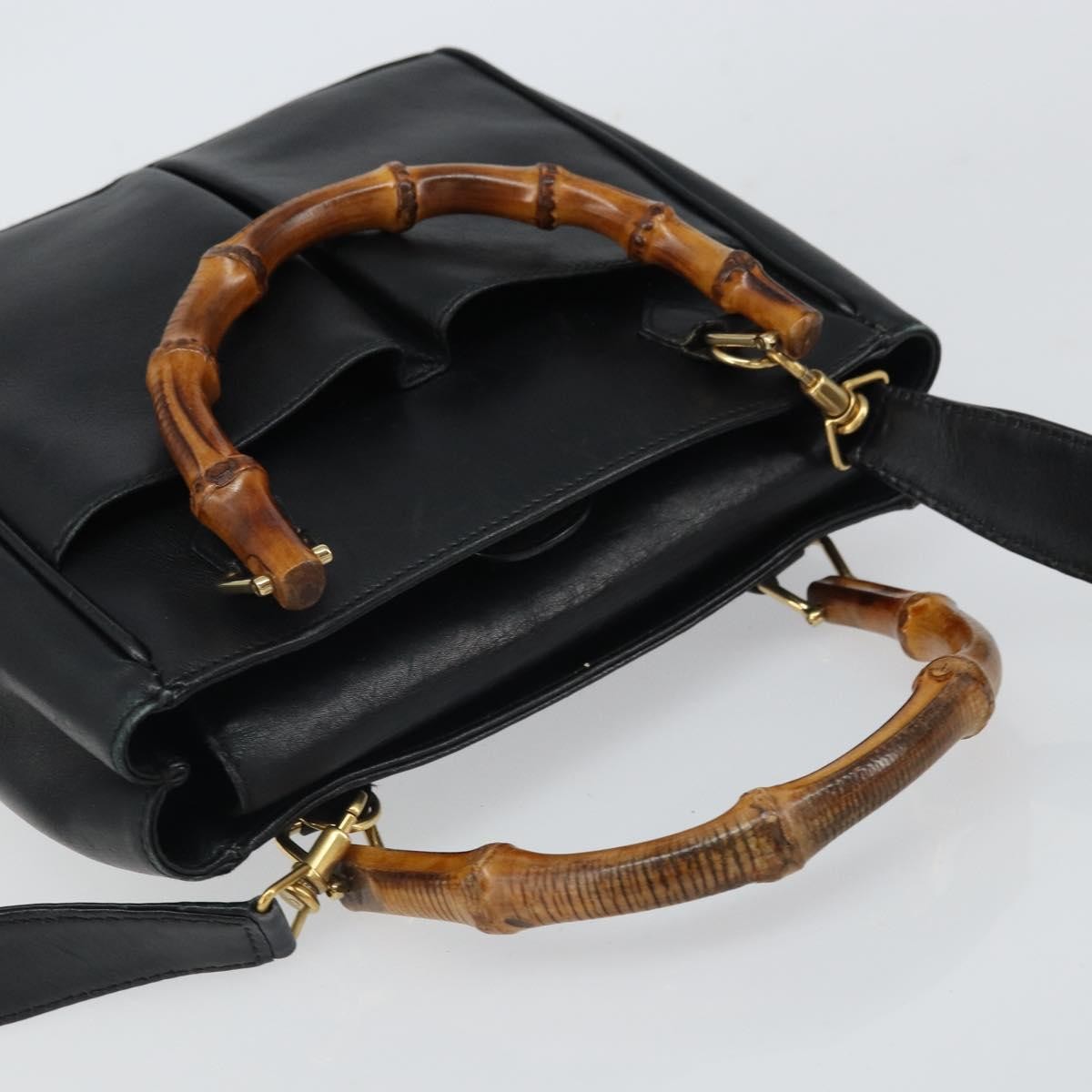 Gucci GUCCI Bamboo Hand Bag Leather 2way Black Gold 000 2122 0316 Authentic 160580