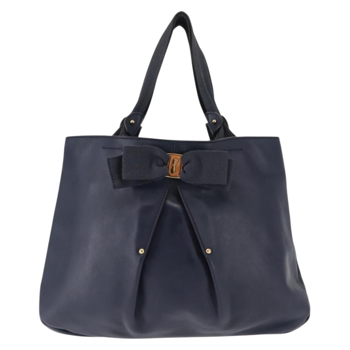 Salvatore Ferragamo Salvatore Ferragamo Vala Tote Bag Leather Navy Gold Authentic 145957
