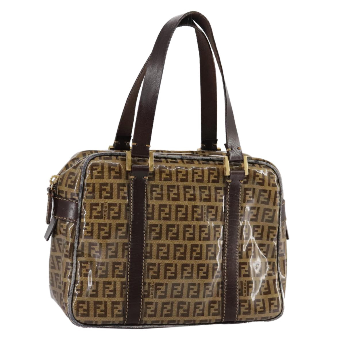 Fendi FENDI Zucchino Canvas Hand Bag Brown Gold Authentic bs21516