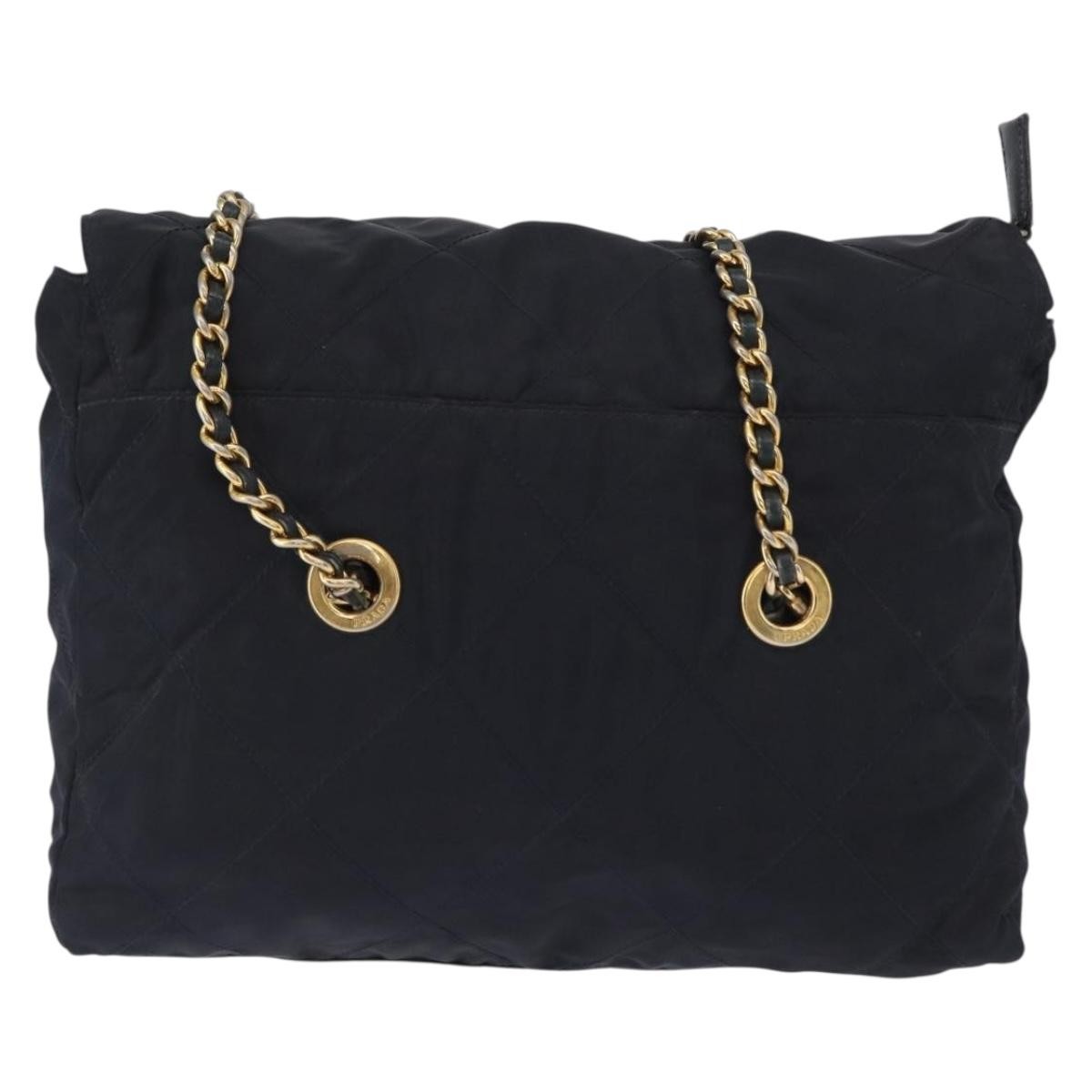 Prada PRADA Chain Shoulder Bag Nylon Navy Gold Authentic ka893