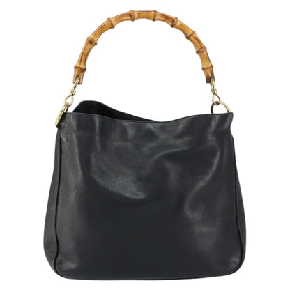 Gucci GUCCI Bamboo Hand Bag Leather Black Gold 001 0166 1638 Authentic 150344