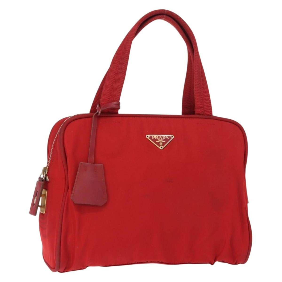 Prada PRADA Hand Bag Nylon Red Gold Authentic ki6141