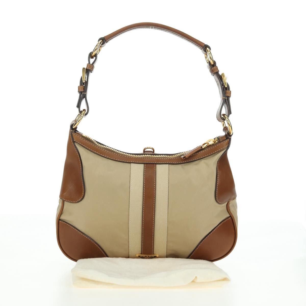 Prada PRADA Hand Bag Nylon Leather Beige Gold Authentic am11645A