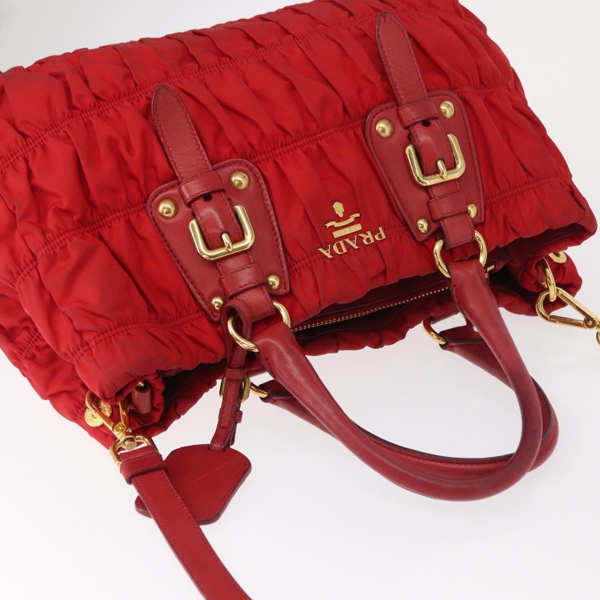 Prada PRADA Hand Bag Nylon Leather 2way Red Gold Authentic 155077