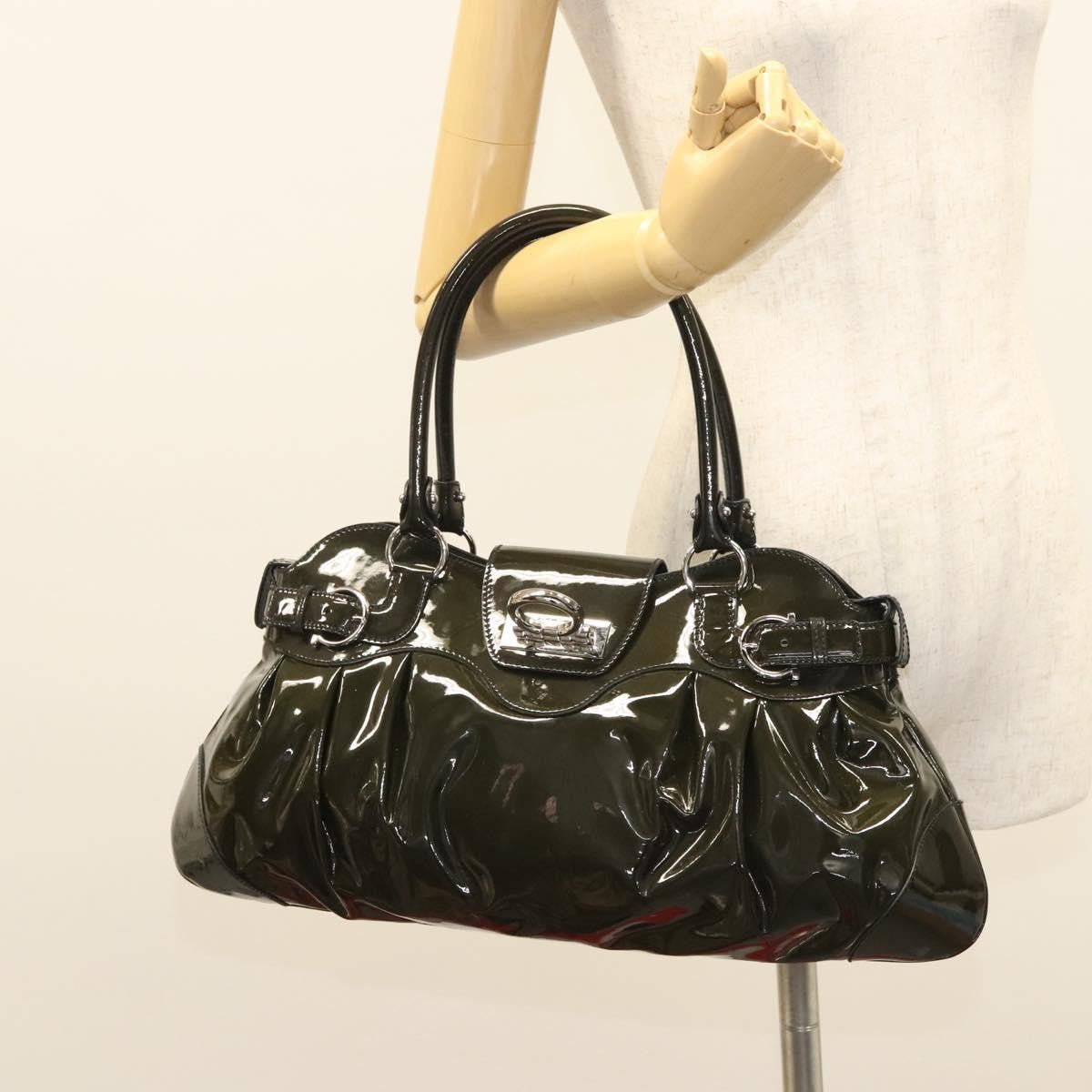 Salvatore Ferragamo Salvatore Ferragamo Gancini Hand Bag Enamel Green Silver Authentic 126114