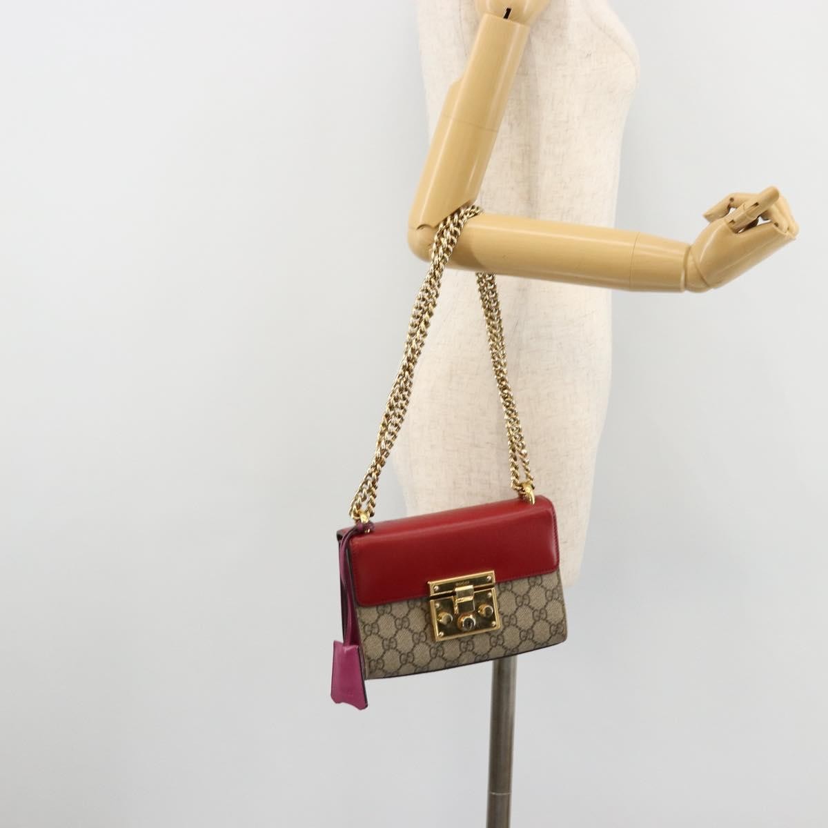 Gucci GUCCI GG Supreme Chain Shoulder Bag PVC Red Gold 409487 Authentic ka4469