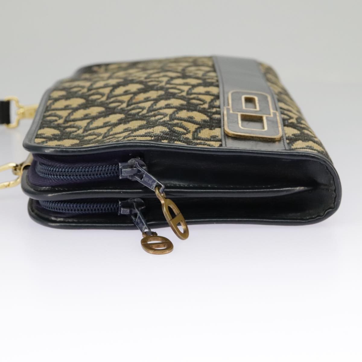 Dior Christian Dior Trotter Canvas Shoulder Bag Navy Gold Authentic 98475