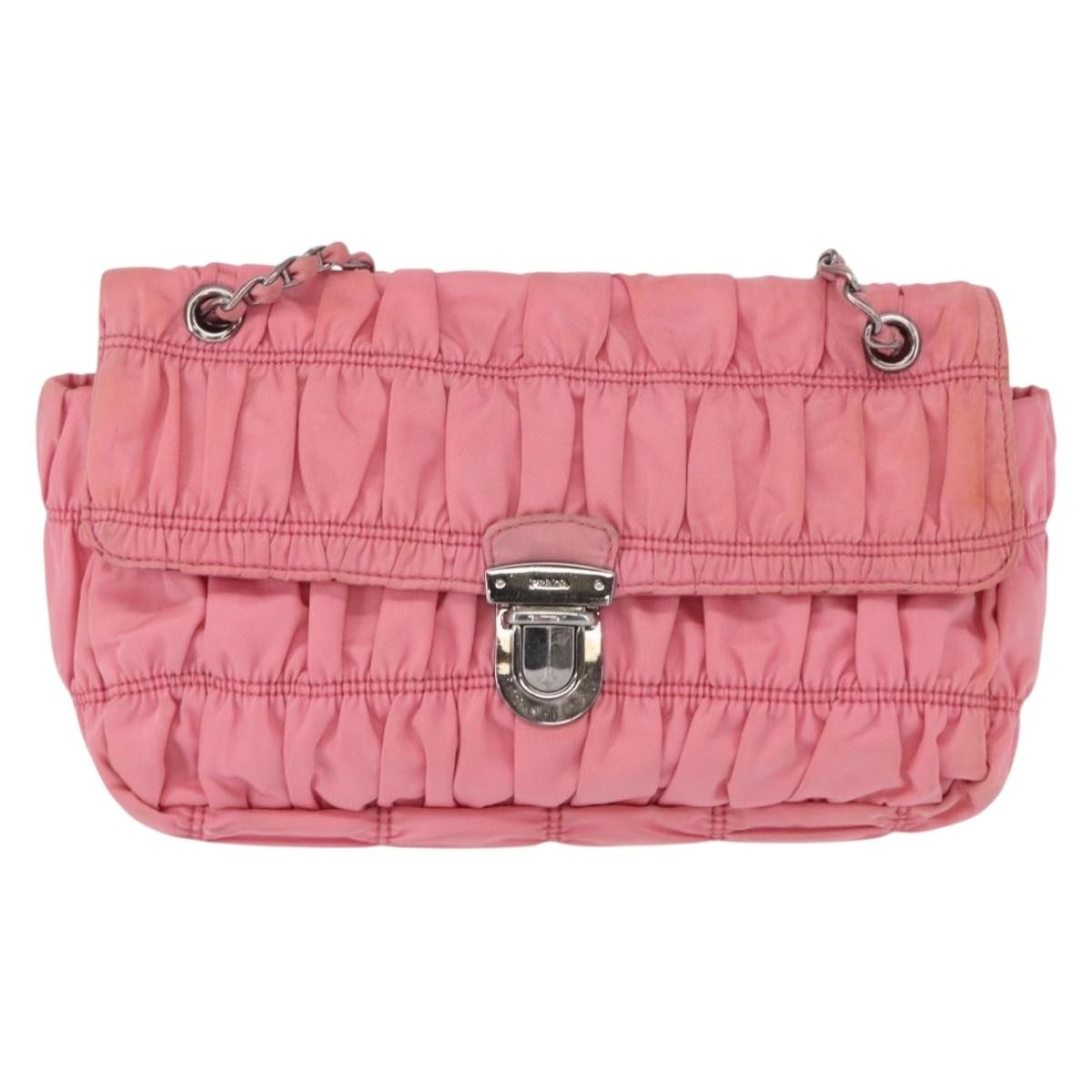 Prada PRADA Gathered Chain Shoulder Bag Nylon Pink Silver Authentic 161419