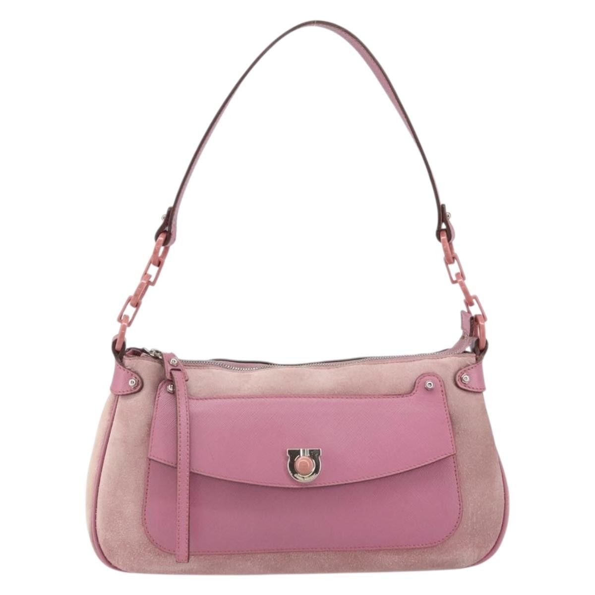 Salvatore Ferragamo Salvatore Ferragamo Gancini Shoulder Bag Suede Pink Silver Authentic 166453