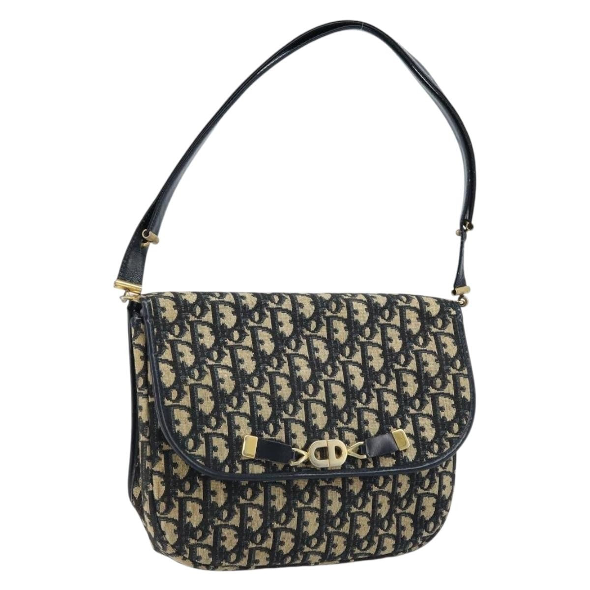 Dior Christian Dior Trotter Canvas Shoulder Bag Navy Gold Authentic gh1790