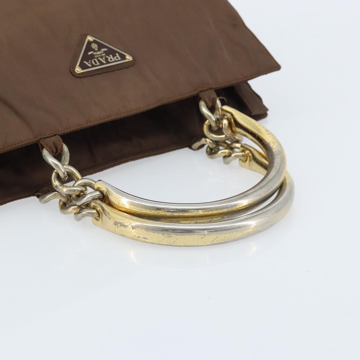 Prada PRADA Chain Hand Bag Nylon Brown Gold Authentic YKZ136