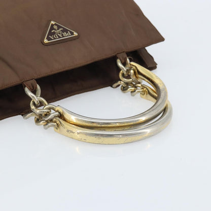 Prada PRADA Chain Hand Bag Nylon Brown Gold Authentic YKZ136