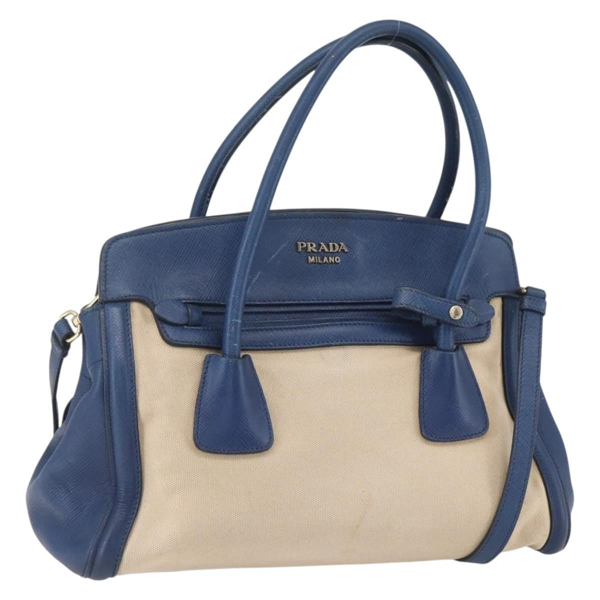 Prada PRADA Hand Bag Canvas 2way Beige Blue Authentic ka891
