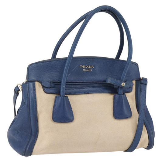 Prada PRADA Hand Bag Canvas 2way Beige Blue Authentic ka891