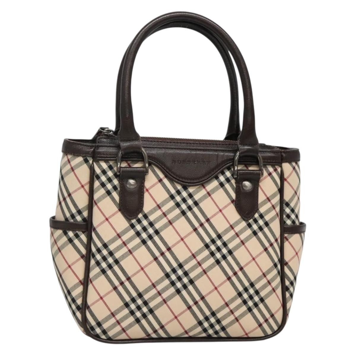 Burberry BURBERRY Nova Check Hand Bag Canvas Beige Silver Authentic ep9645