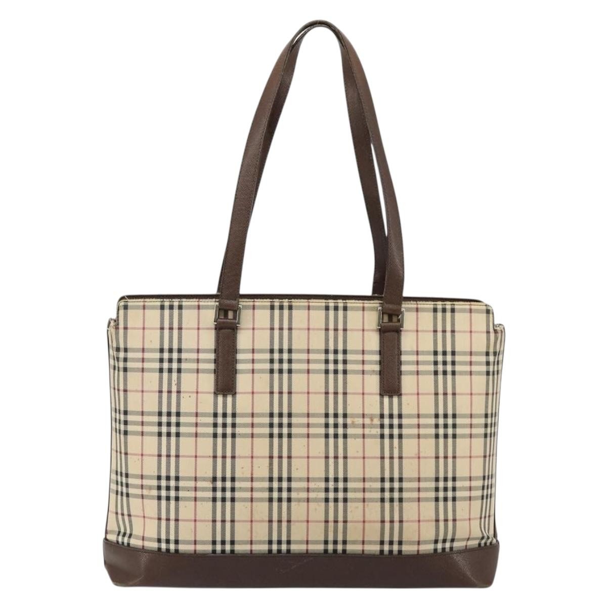 Burberry BURBERRY Nova Check Tote Bag Canvas Leather Beige Silver Authentic 144429