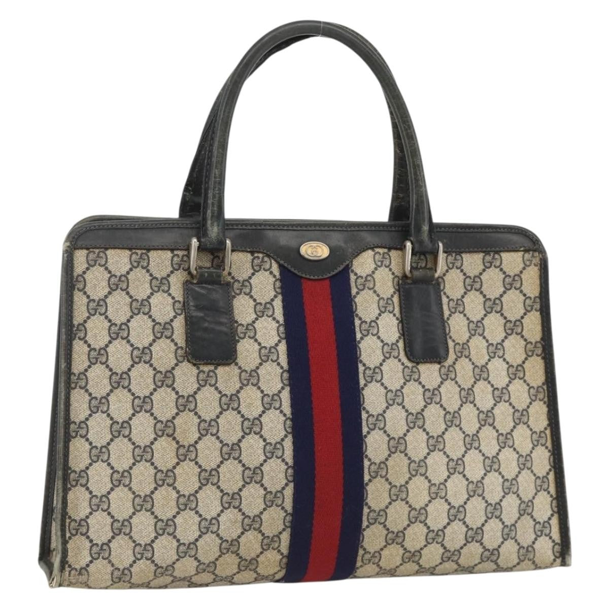 Gucci GUCCI GG Supreme Sherry Line Hand Bag PVC Navy Gold 010 378 Authentic BAZ548