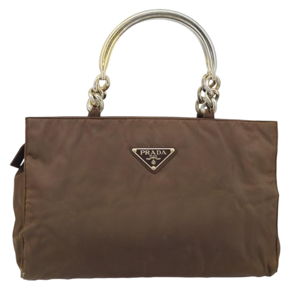 Prada PRADA Chain Hand Bag Nylon Brown Gold Authentic YKZ136