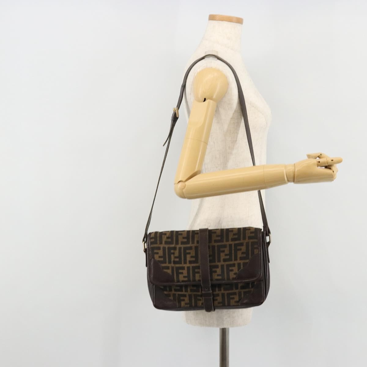 Fendi FENDI Zucca Canvas Shoulder Bag Black Brown Authentic YKZ1111